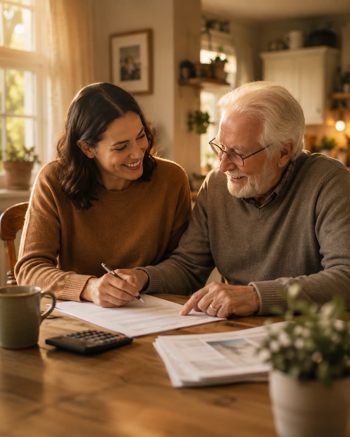 Family caregiver helping a loved one review Michigan Medicaid Home Help Program paperwork together