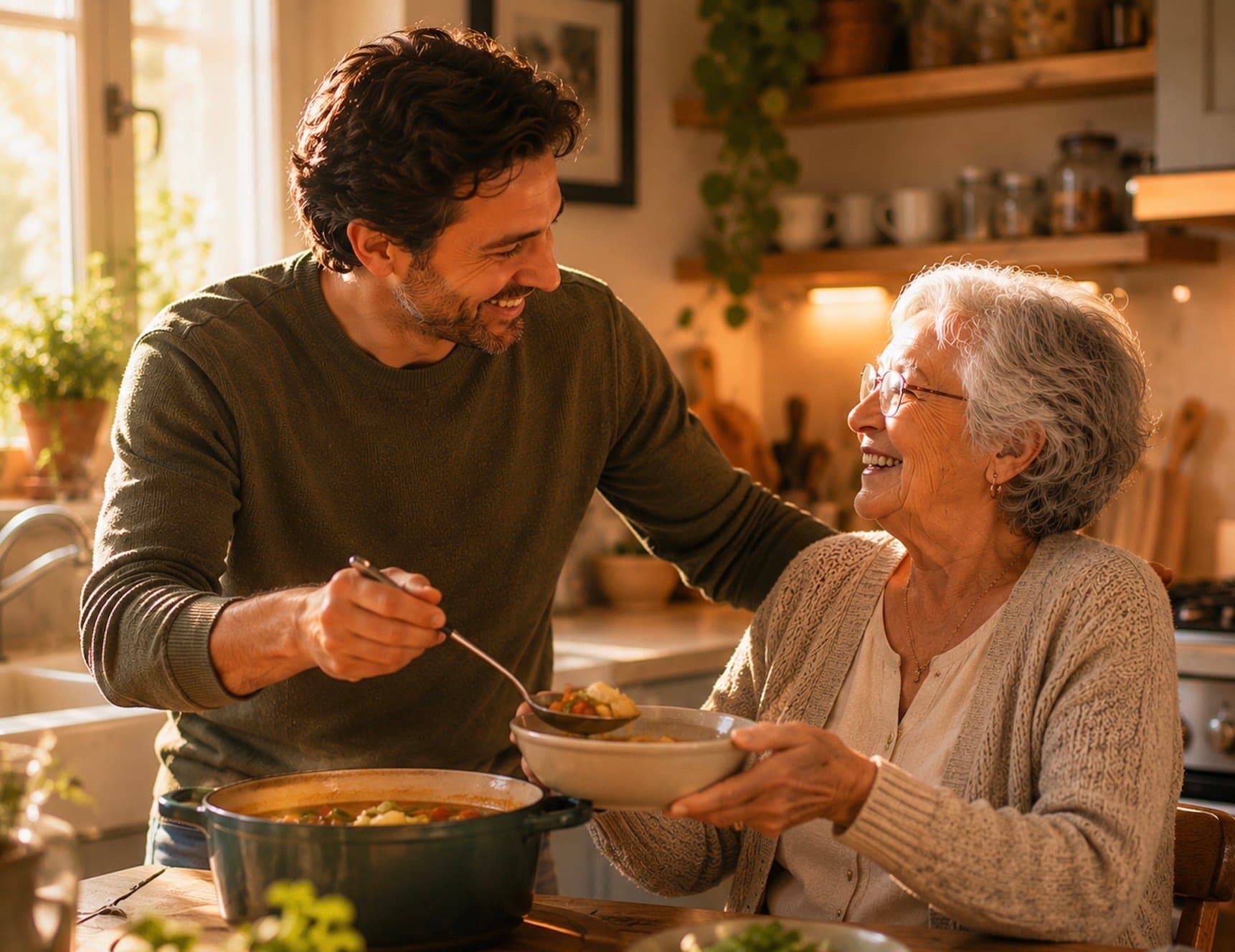 Family caregiver helping an older woman eat a meal at home in Michigan