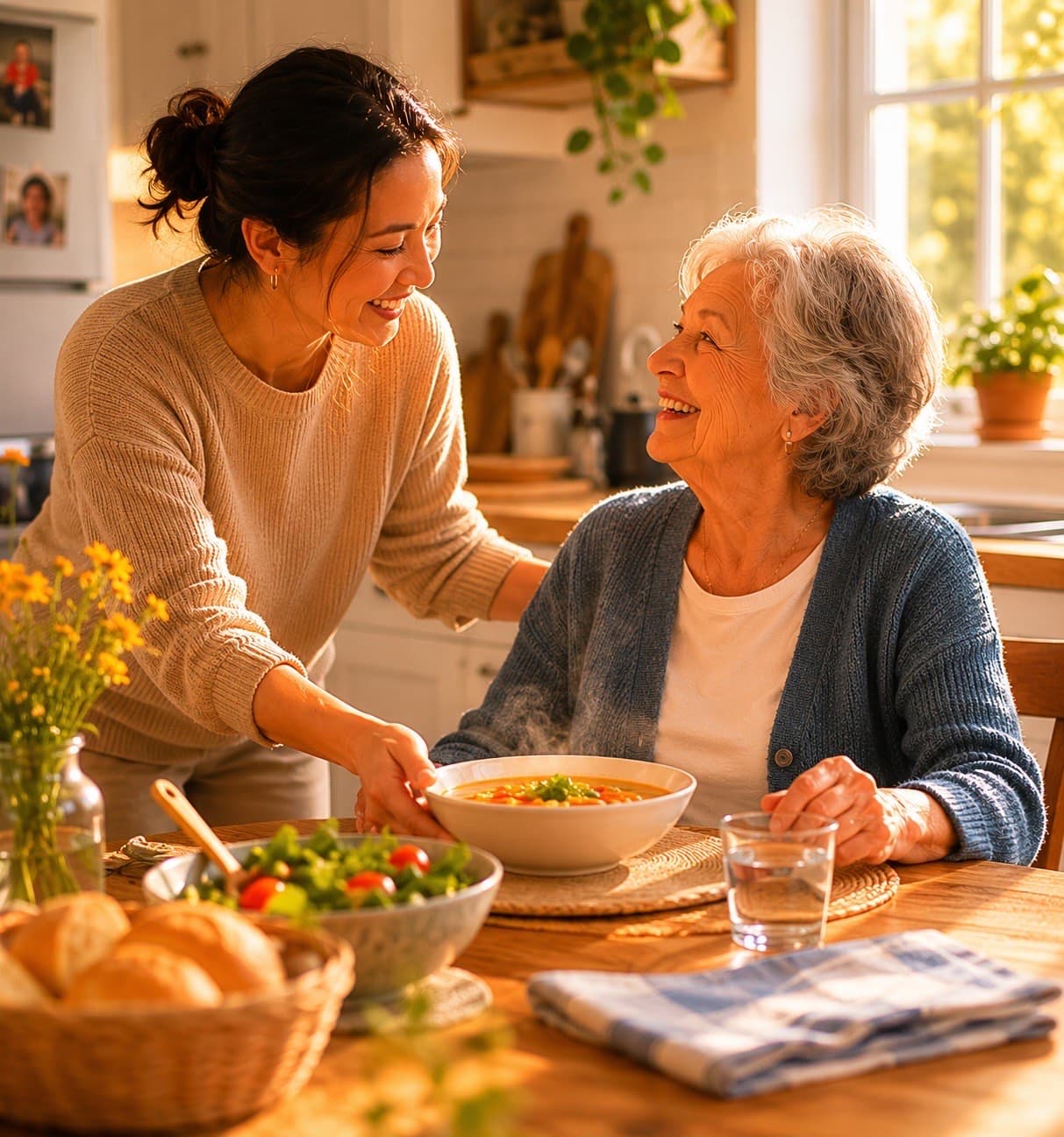 Family caregiver helping an older woman cook in her kitchen through Michigan's Home Help Program